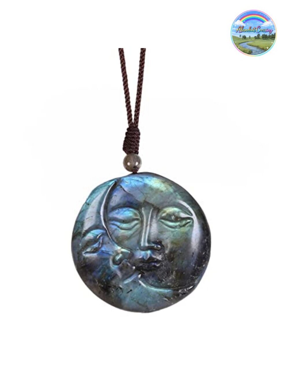 Handmade Labradorite Crystal Pendant Necklace with Moon Face | Adjustable Nylon